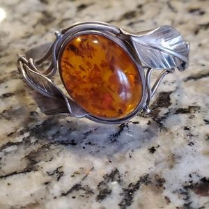 Vintage Amber Cabochon Sterling Silver Bracelet